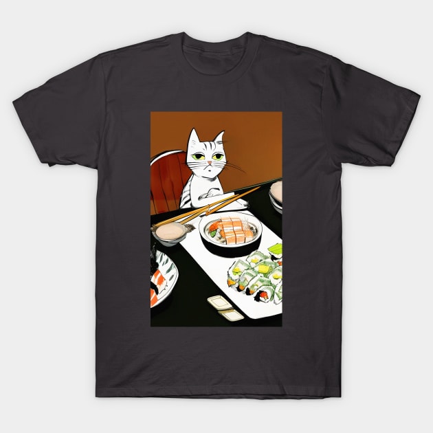 Melancholy Cat's Japanese Sushi Banquet T-Shirt by Vapison